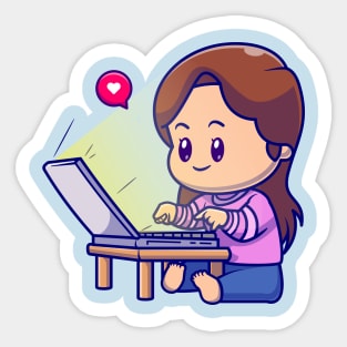 Cute Girl Working On Laptop Cartoon Sticker